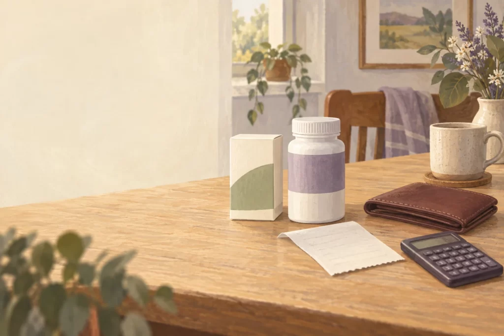 Editorial still life of generic pharmacy packages, a wallet, receipt, and calculator.