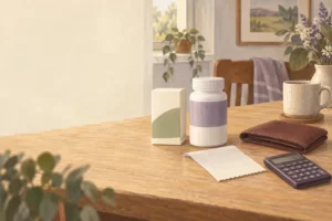 Editorial still life of generic pharmacy packages, a wallet, receipt, and calculator.