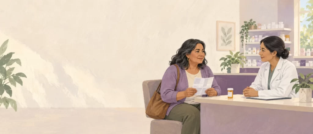 Editorial illustration of a woman reviewing a medication leaflet with a pharmacist.
