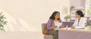 Editorial illustration of a woman reviewing a medication leaflet with a pharmacist.