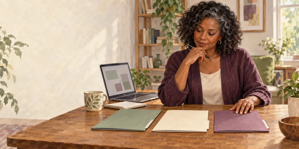 Original editorial illustration: A woman compares folders and a laptop at a wooden table.