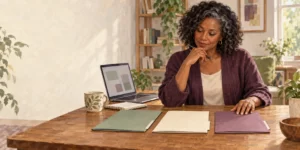 Original editorial illustration: A woman compares folders and a laptop at a wooden table.