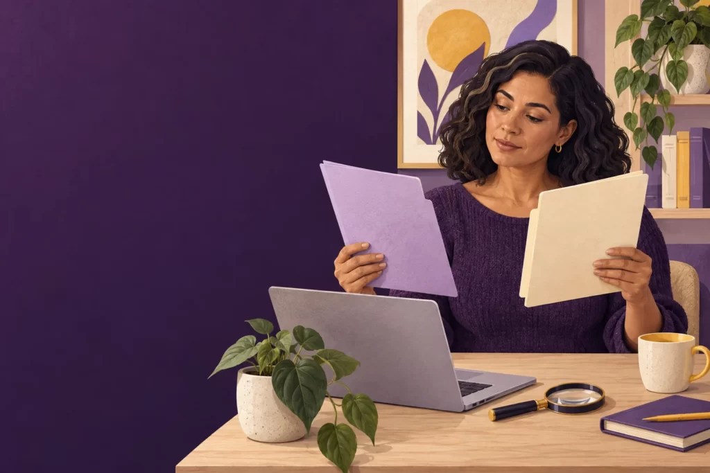 A woman compares health-service information at a desk.