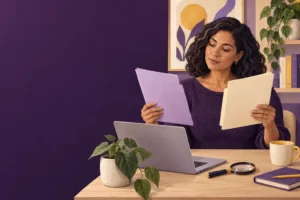 A woman compares health-service information at a desk.
