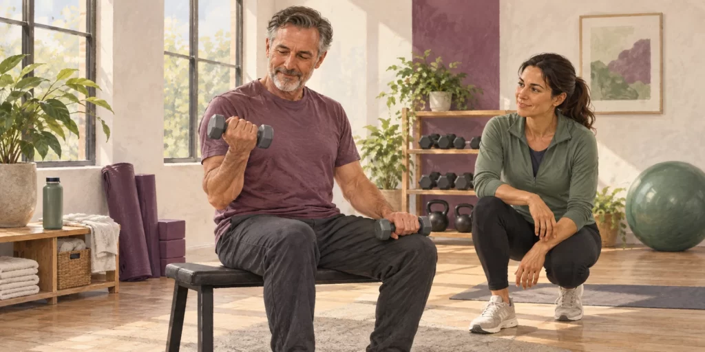 Original AI-generated editorial image: A midlife man performs a seated dumbbell curl while a trainer observes.
