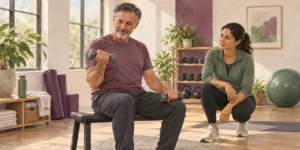 Original AI-generated editorial image: A midlife man performs a seated dumbbell curl while a trainer observes.