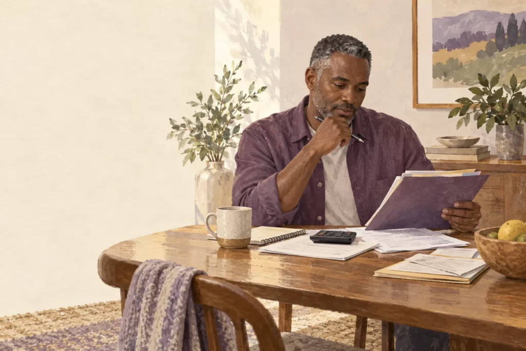 Editorial illustration of a midlife man reviewing a laboratory folder and budget.