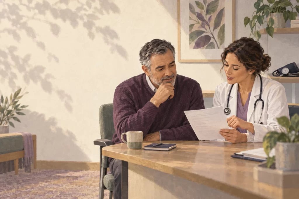 Editorial illustration of a man and clinician reviewing a laboratory report in a quiet office.