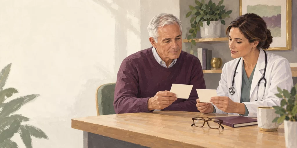 Original editorial illustration: An older man and clinician review two blank treatment-comparison cards.
