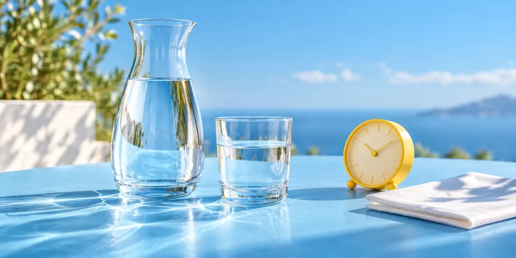 Original AI-generated editorial image: Plain water in a clear carafe and tumbler beside a yellow clock on a blue table.