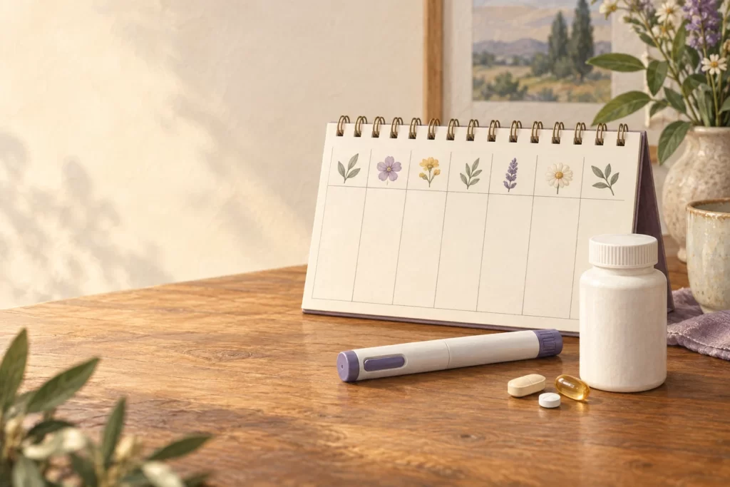 Editorial still life of a blank calendar with generic medication objects.