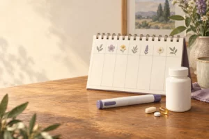 Editorial still life of a blank calendar with generic medication objects.