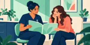Original AI-generated editorial image: Mint and navy flat illustration of a nurse and patient reviewing an instruction booklet.