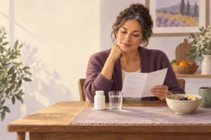 Editorial illustration of a woman reviewing a tablet leaflet at a breakfast table.