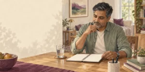 Editorial illustration of a man keeping a symptom journal beside a glass of water.