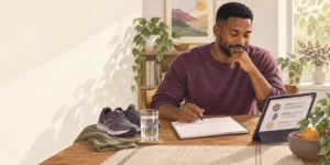 Original editorial illustration: A man reviews a planner and tablet beside walking shoes and water.