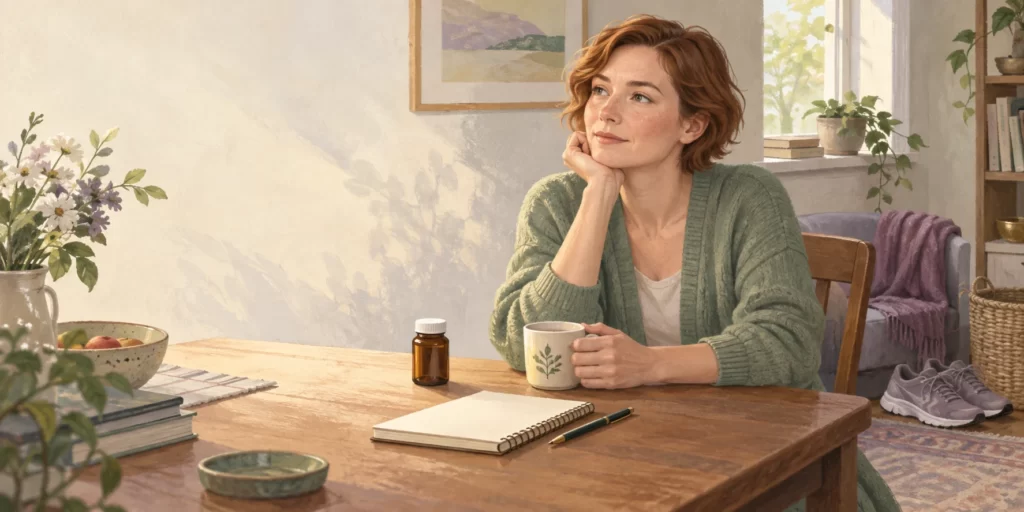 Editorial illustration of a woman with a journal, a generic medicine bottle, and walking shoes.