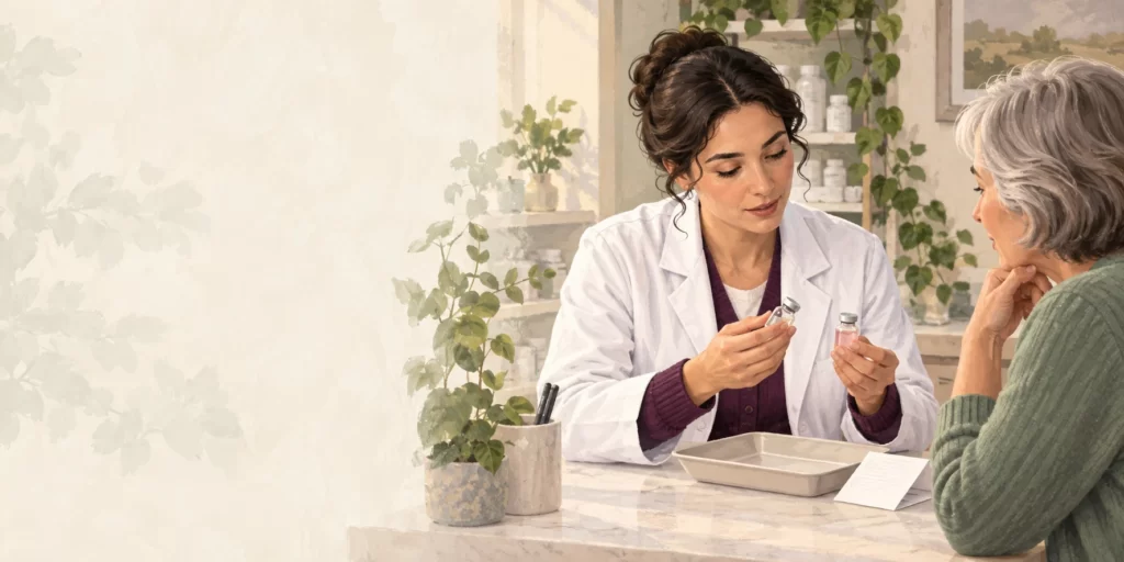 Original editorial illustration: A pharmacist discusses two generic sealed containers with a patient.