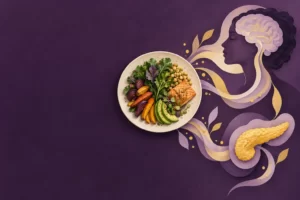 An abstract illustration connects a meal with appetite and glucose signals.