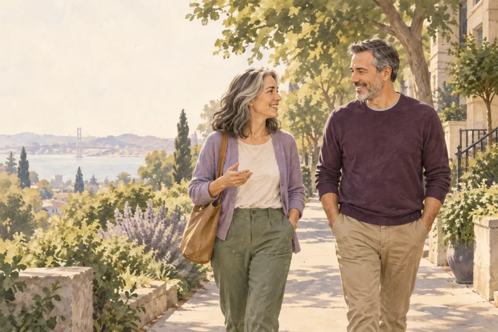 Editorial illustration of two adults walking and talking in a leafy neighborhood.