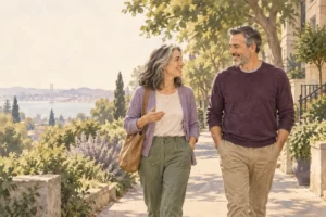 Editorial illustration of two adults walking and talking in a leafy neighborhood.