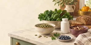 Original editorial illustration: Magnesium-containing foods including seeds, beans, greens, and bread beside a plain supplement bottle.