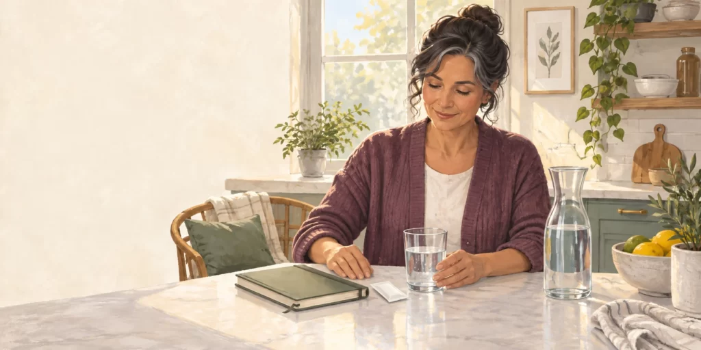 Editorial illustration of a woman beside a glass of water, a closed rehydration packet, and a symptom notebook.