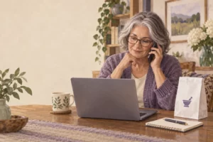 Editorial illustration of an older woman discussing pharmacy costs at a desk.