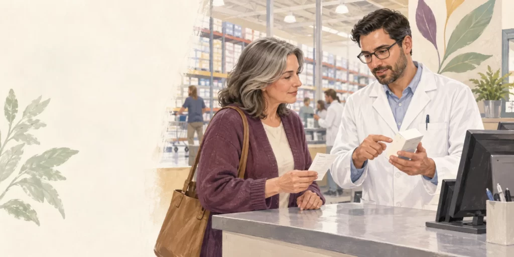 Editorial illustration of a pharmacist and customer reviewing a medicine carton and receipt at a pharmacy counter.
