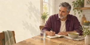 Original editorial illustration: A man records symptoms at a table with a glass of water and a bowl of soup.