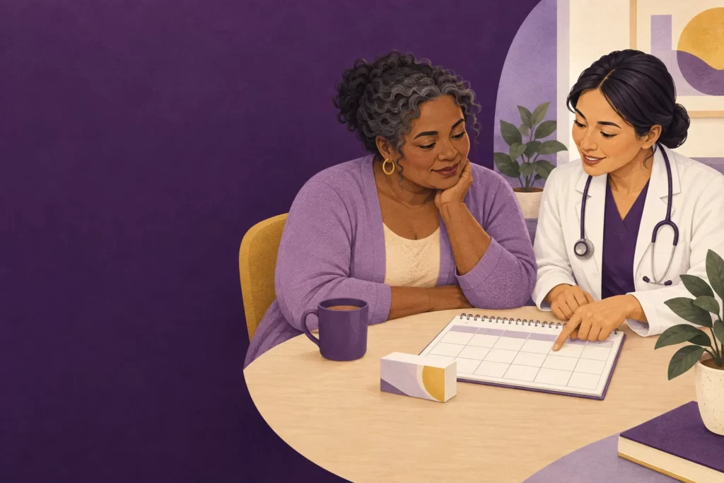 An adult and clinician review a calendar during a treatment discussion.