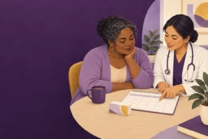 An adult and clinician review a calendar during a treatment discussion.