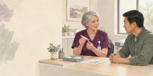 Editorial illustration of a clinician explaining a capped demonstration pen to an adult patient.