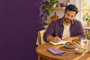 A man records symptoms alongside a small meal and water.