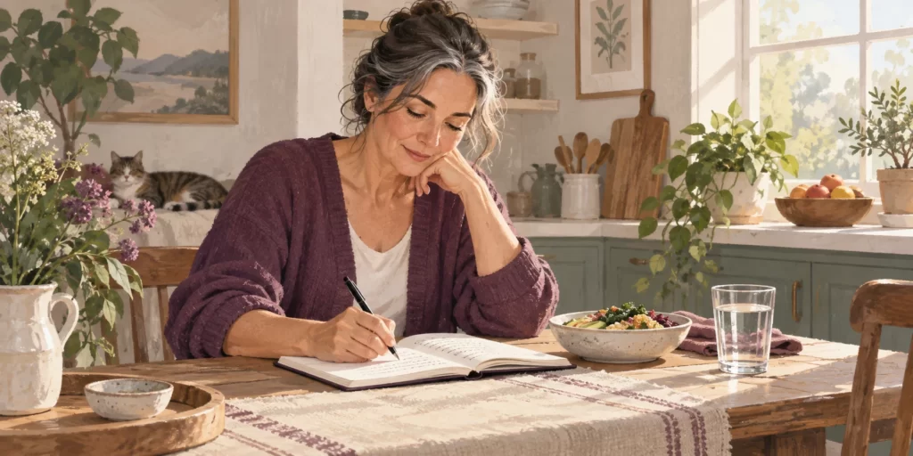 Original AI-generated editorial image: A woman records symptoms beside a meal and glass of water in a warm kitchen.