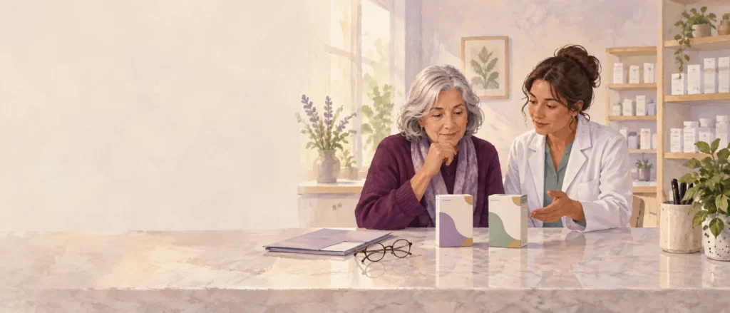 Editorial illustration of a patient and pharmacist comparing two generic medication cartons.