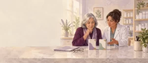 Editorial illustration of a patient and pharmacist comparing two generic medication cartons.