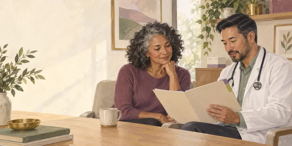 Original editorial illustration: A woman and clinician discuss treatment goals with a health folder.