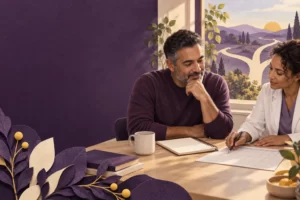 A man and clinician plan follow-up using a calendar and notebook.