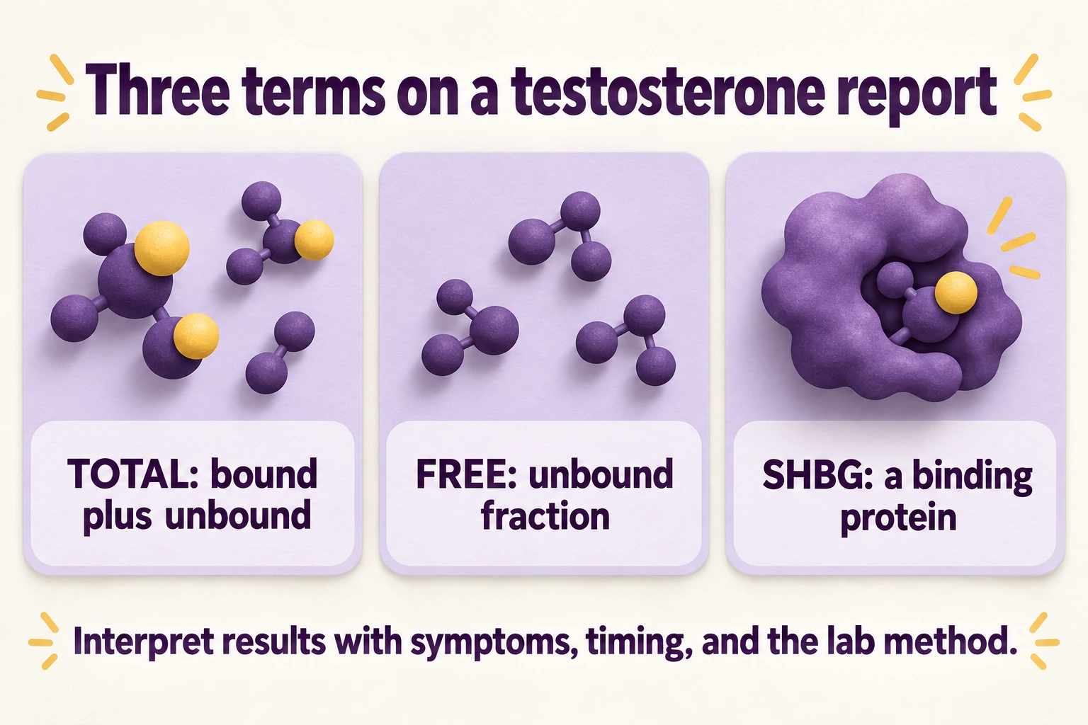 Educational graphic: Three terms on a testosterone report. TOTAL: bound plus unbound; FREE: unbound fraction; SHBG: a binding protein. Interpret results with symptoms, timing, and the lab method.