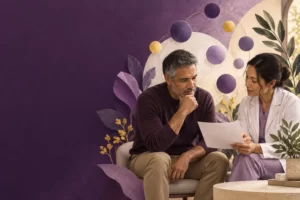 A man and clinician discuss a laboratory report.