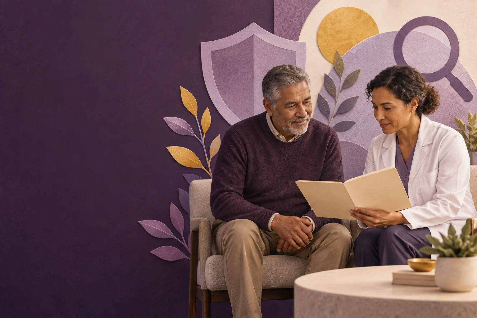 An adult man and clinician review monitoring results.