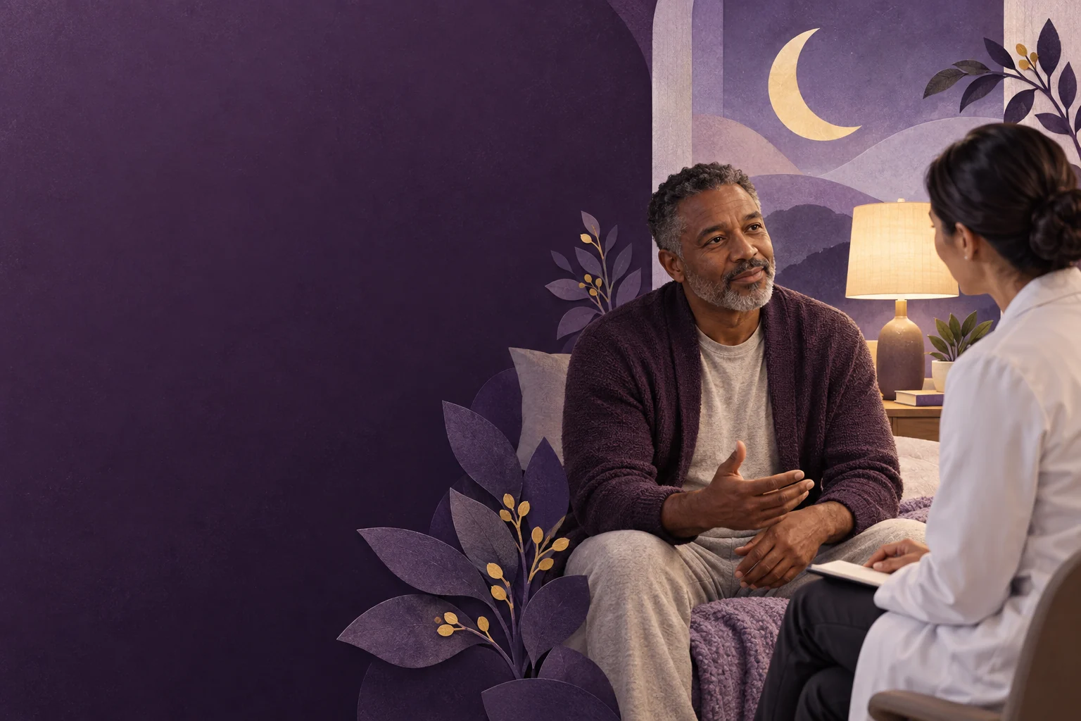 A man discusses sleep concerns with a clinician.