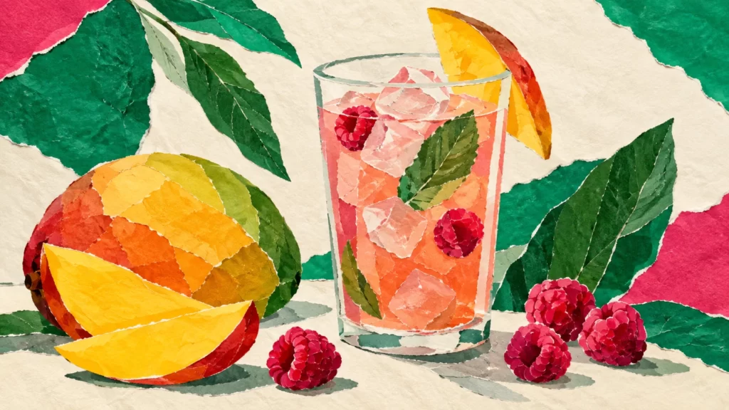 Emerald and raspberry handmade-paper collage of a glass, mango forms, berries and leaves on cream paper.
