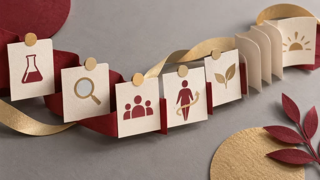 Cranberry and pale-gold ribbons connect folded cream archival-paper forms with abstract icons on a dove-gray surface.