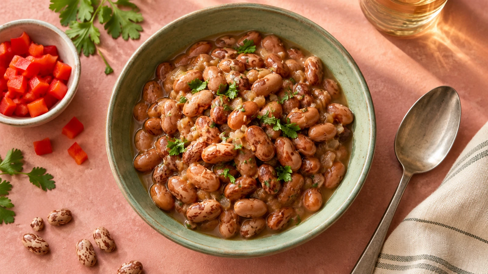Bowl of pinto beans on a coral and sage background.