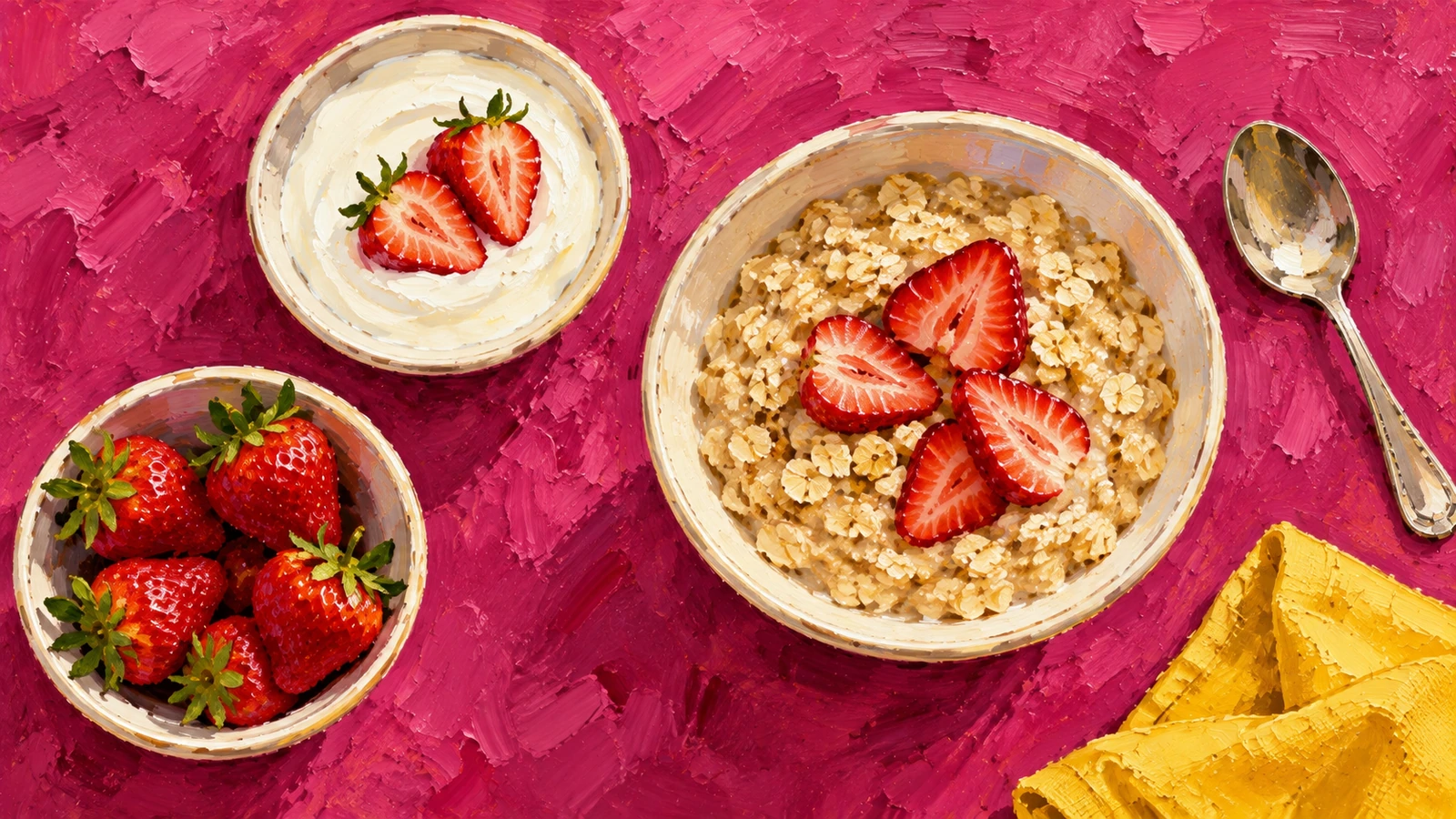 Painted bowls of oats, yogurt and strawberries on a pink surface