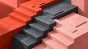Vermilion, slate and chalk-pink sculptural stair-like layers form an abstract cost illustration.