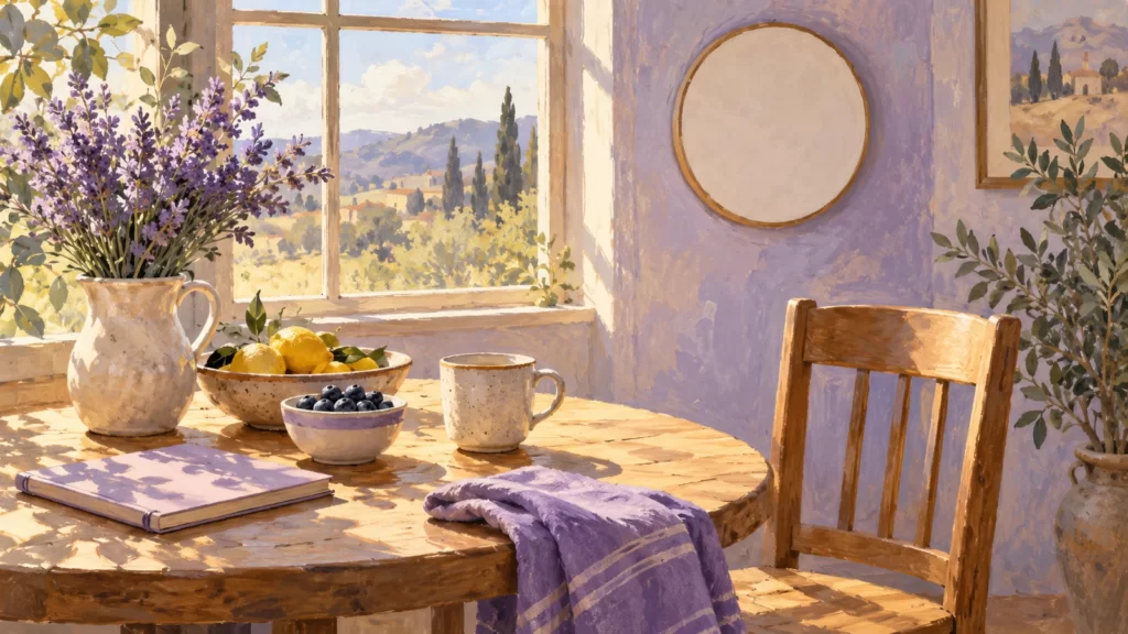 Lavender and ochre painting of a sunlit morning nook with an empty chair, blank circular wall-clock shape and folded violet textile.