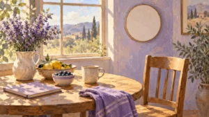 Lavender and ochre painting of a sunlit morning nook with an empty chair, blank circular wall-clock shape and folded violet textile.